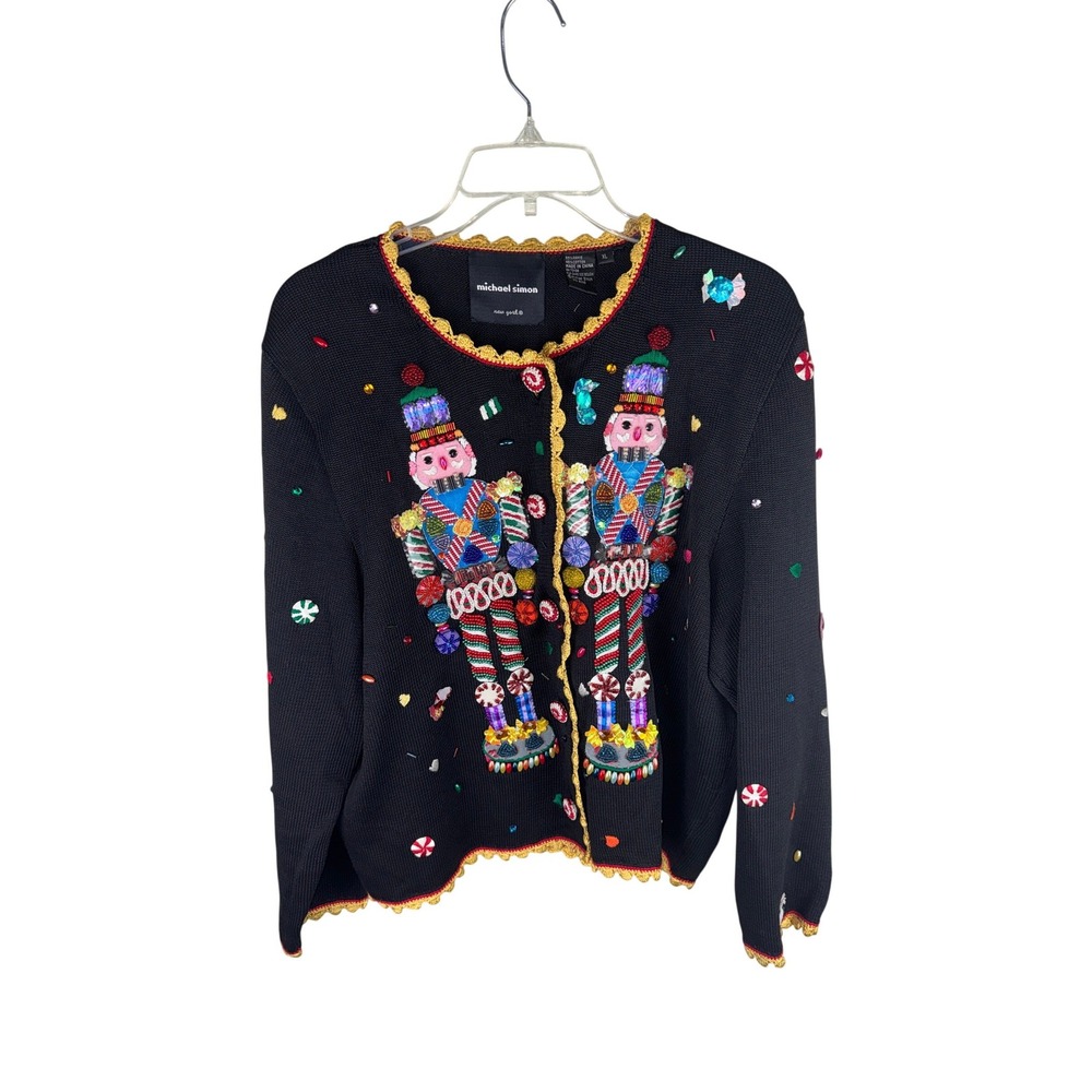 Michael Simon Vintage Nutcracker Christmas Cardigan Sweater Black Beaded XL